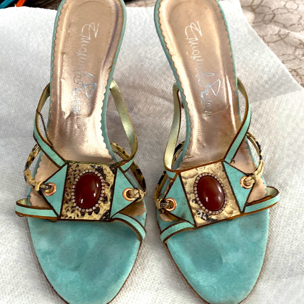 Emanuele Rossetti Suede turquoise crystal sandals size 6